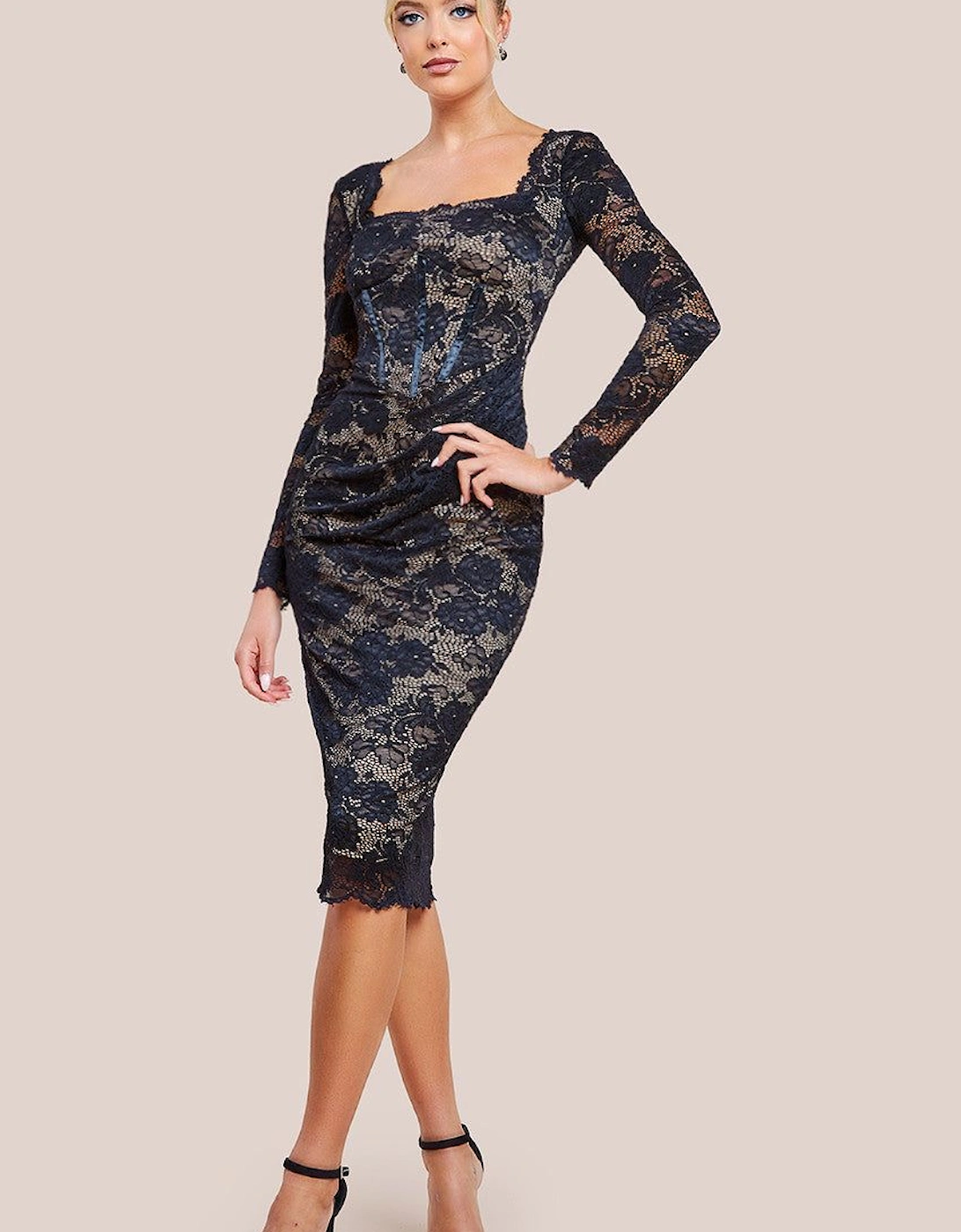 Scalloped Lace Corset Bodice Midi Dress, 2 of 1