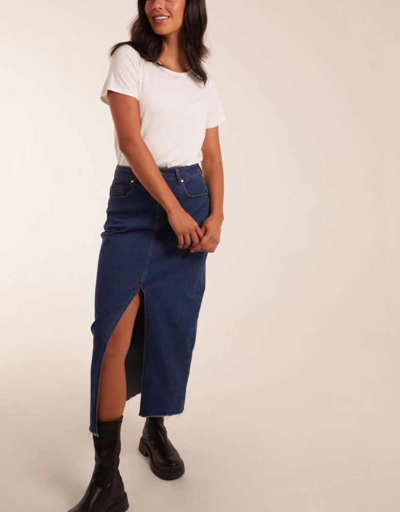 High Rise Denim Midi Skirt