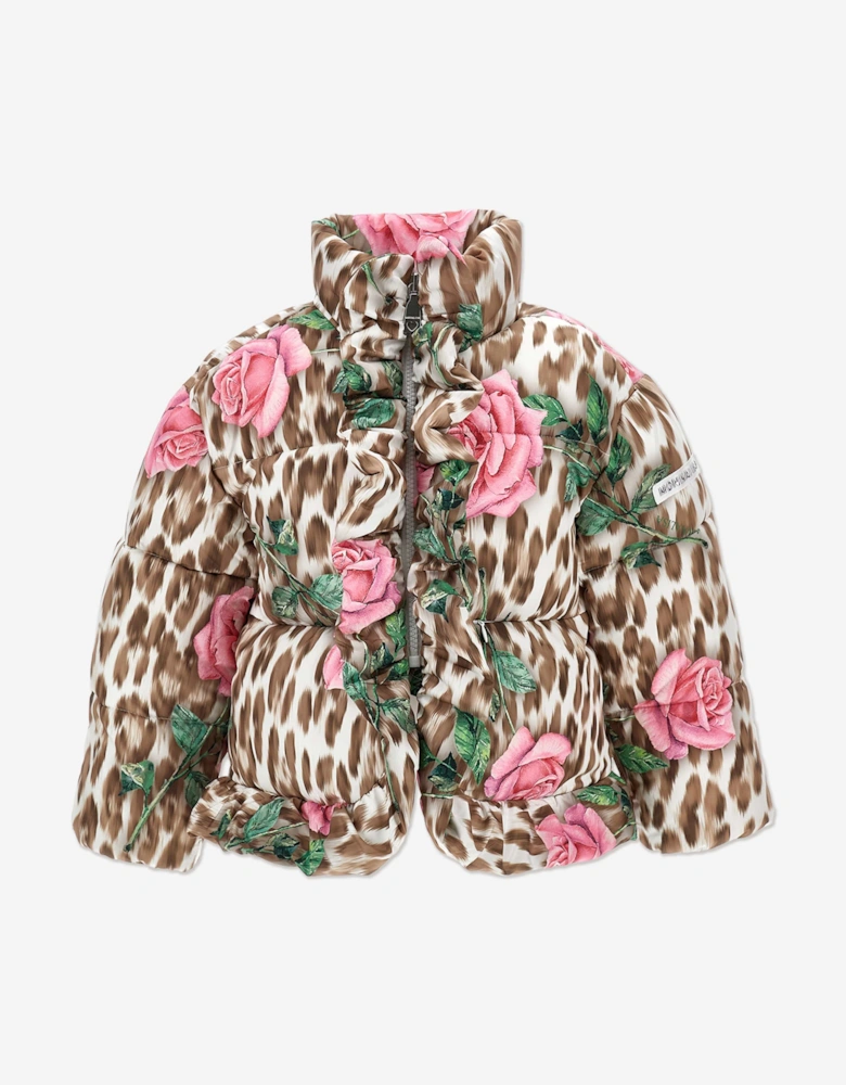 Girls Leopard and Rose Puffer Jacket in Multicolour