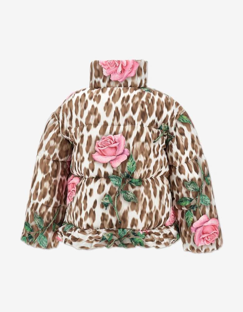 Girls Leopard and Rose Puffer Jacket in Multicolour