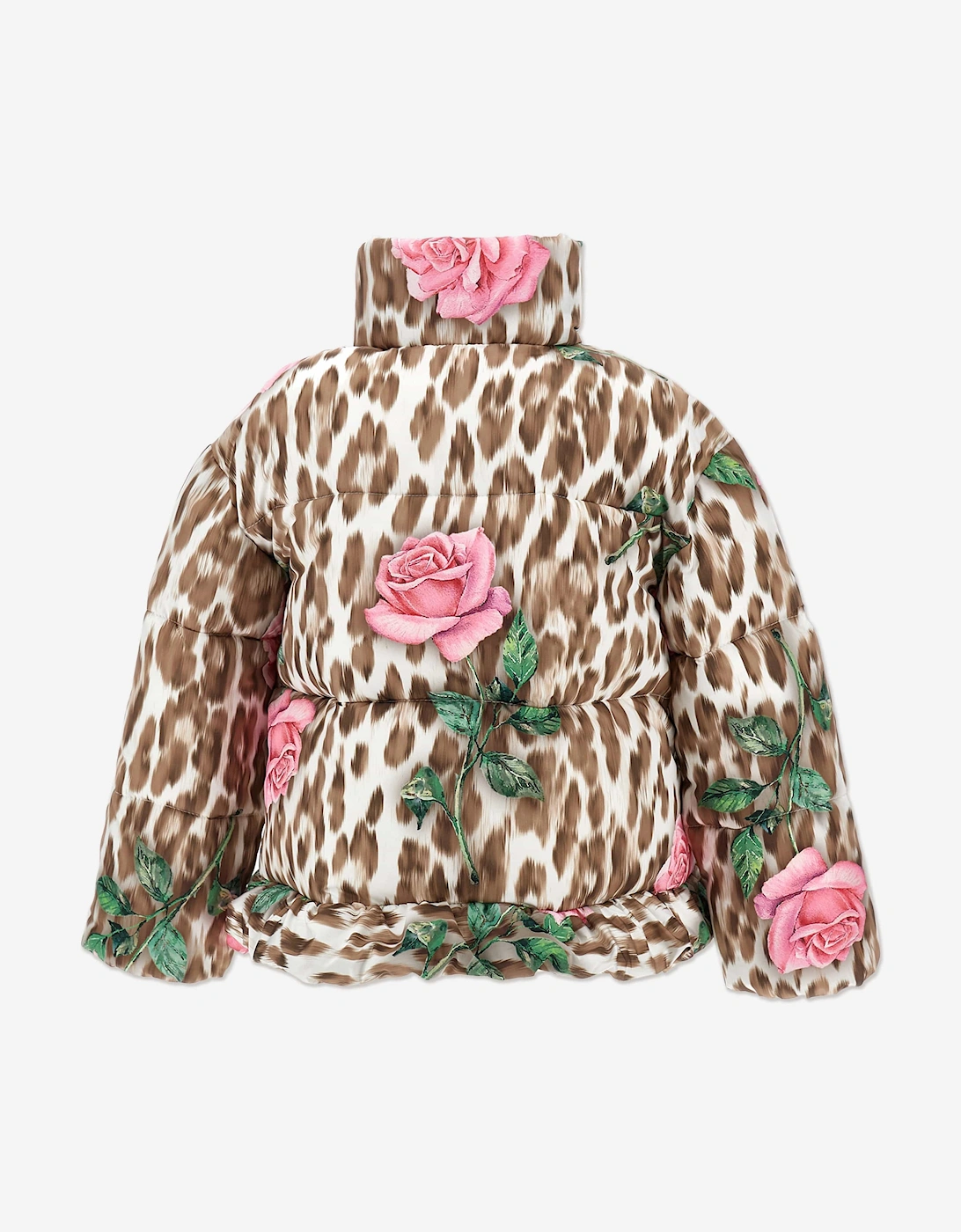 Girls Leopard and Rose Puffer Jacket in Multicolour