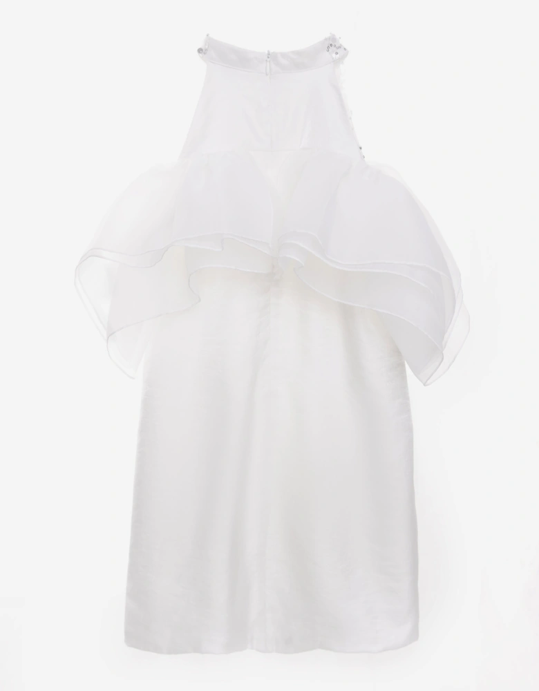 BCBG Girls Beaded Neck Satin Dress With Ruffles in White