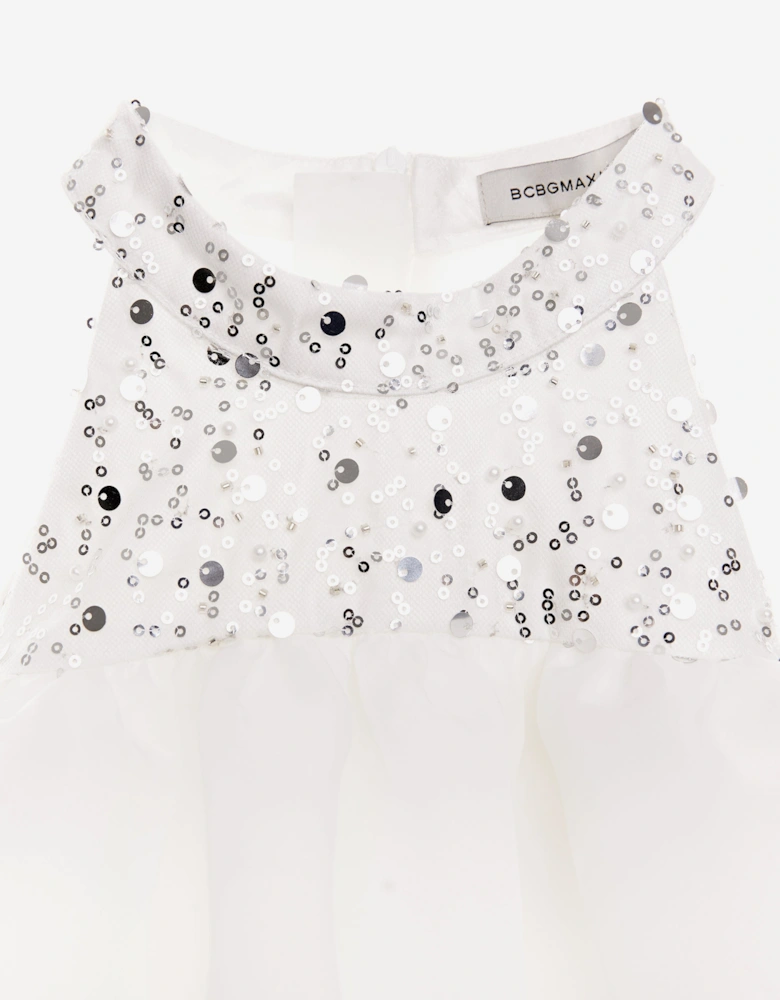 BCBG Girls Beaded Neck Satin Dress With Ruffles in White