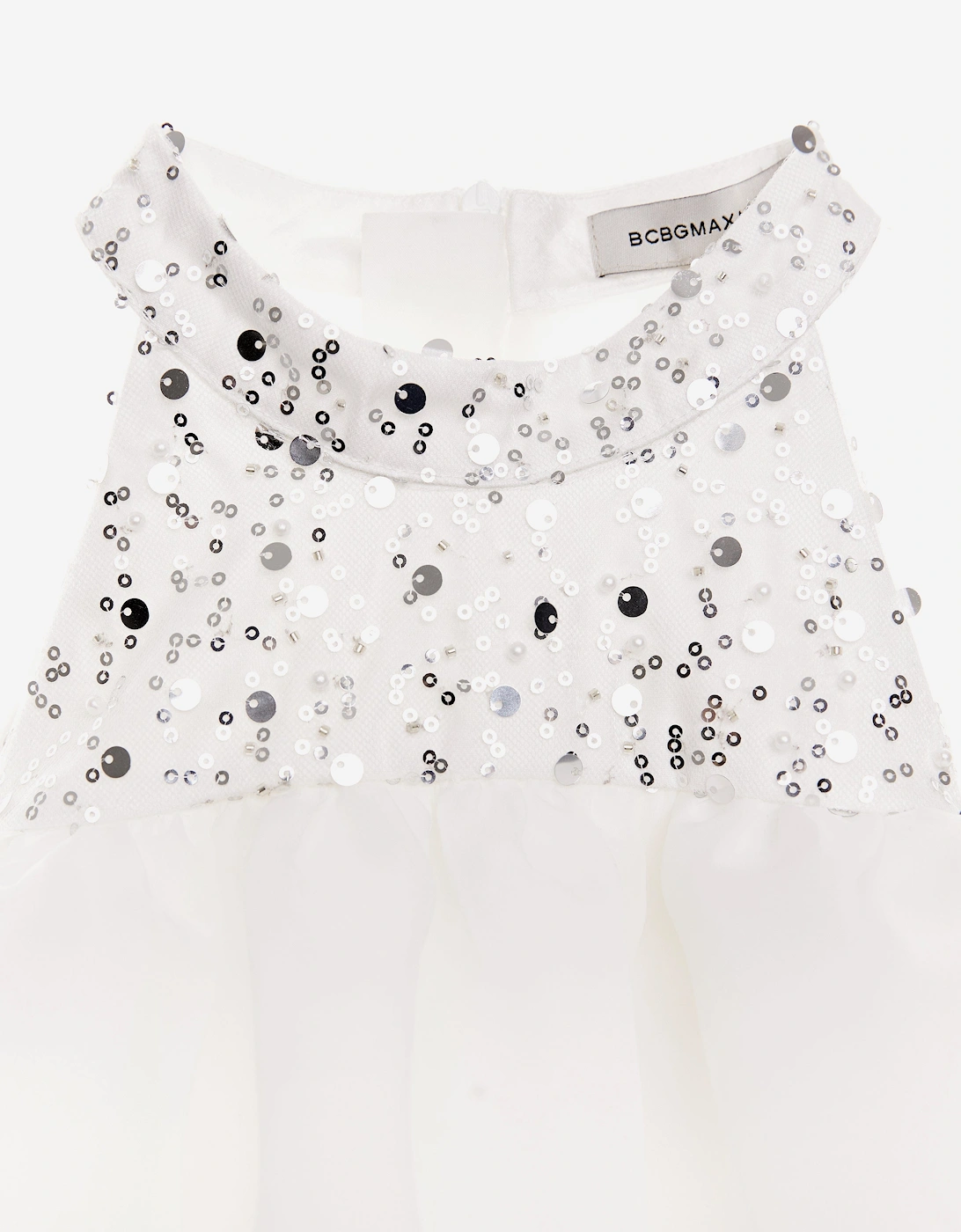 BCBG Girls Beaded Neck Satin Dress With Ruffles in White