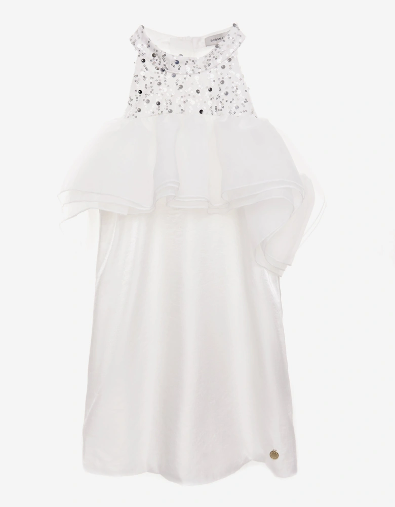 BCBG Girls Beaded Neck Satin Dress With Ruffles in White