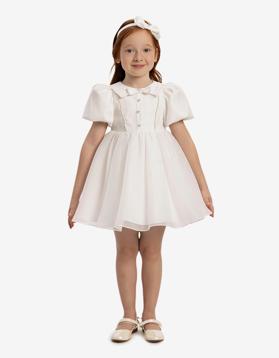 Baby Girls Pearl Detail Dress with Headband in White, 7 of 6