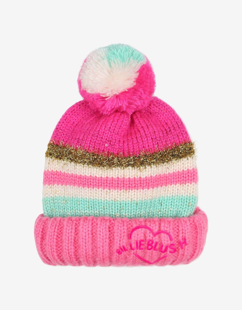 Billieblush Girls Striped Sequin Bobble Hat in Pink