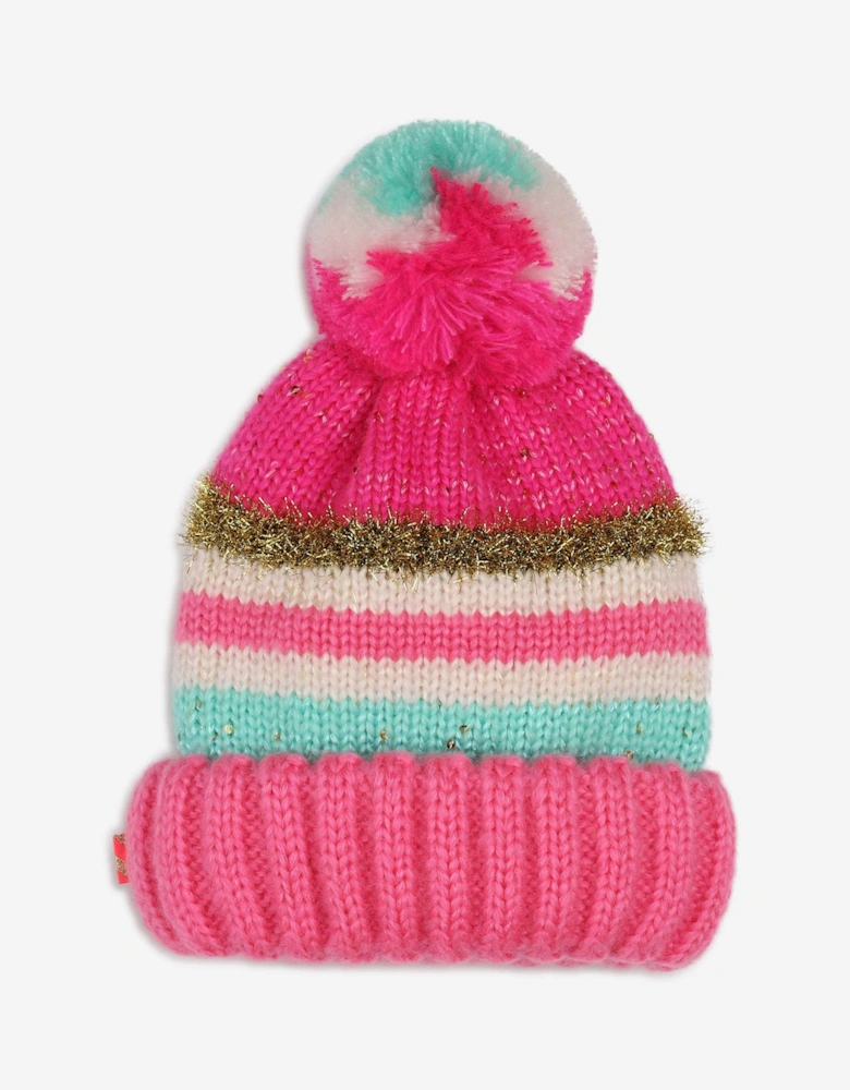 Billieblush Girls Striped Sequin Bobble Hat in Pink