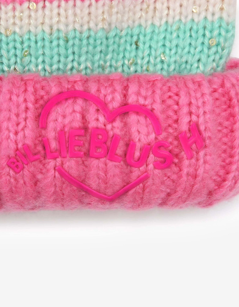 Billieblush Girls Striped Sequin Bobble Hat in Pink