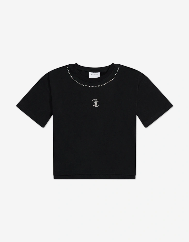 Girls Diamante Trim Neck Boxy T-Shirt in Black