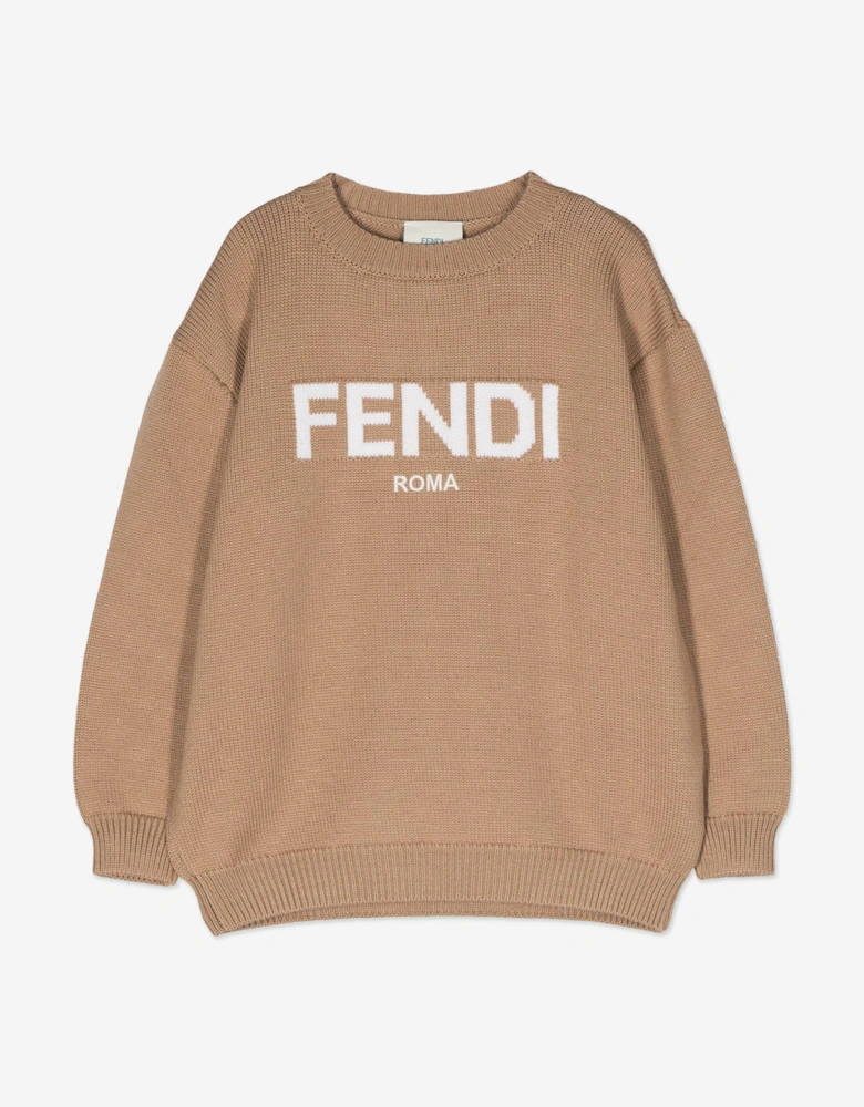 Kids Wool Knitted Logo Jumper in Brown