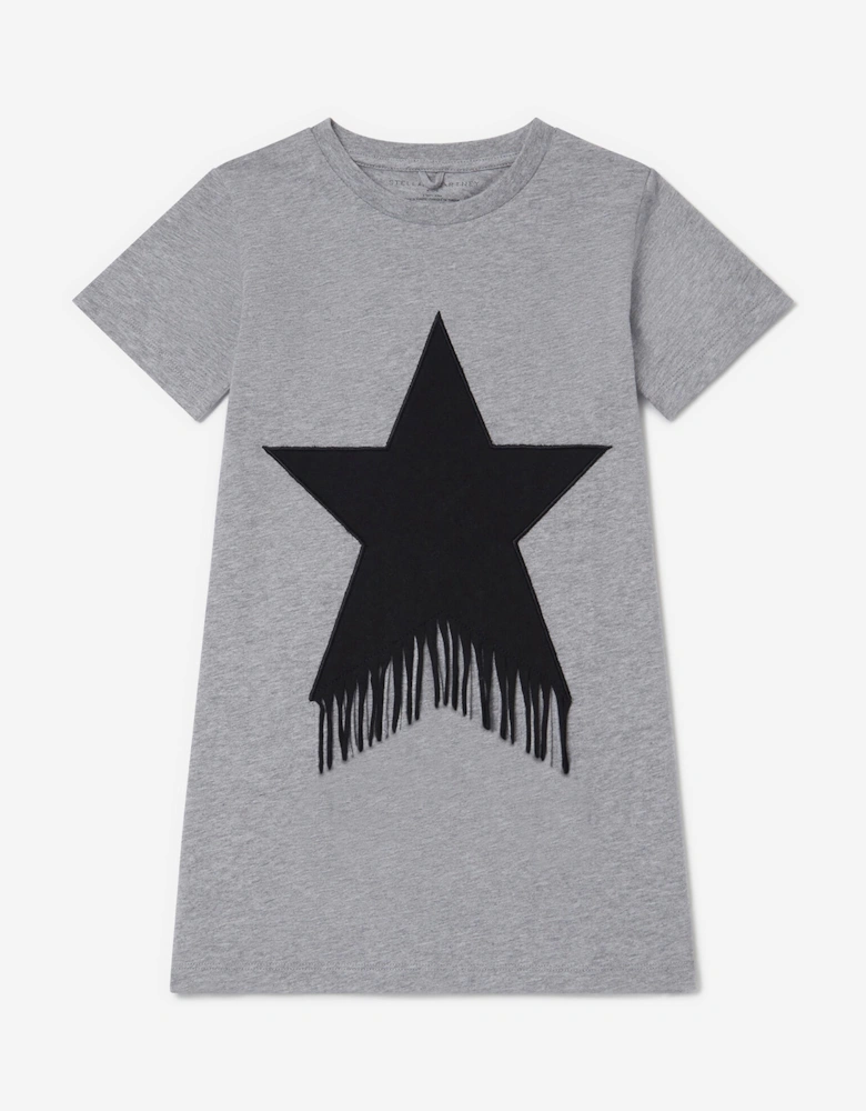 Girls Fringed Star Jersey Dress in Grey