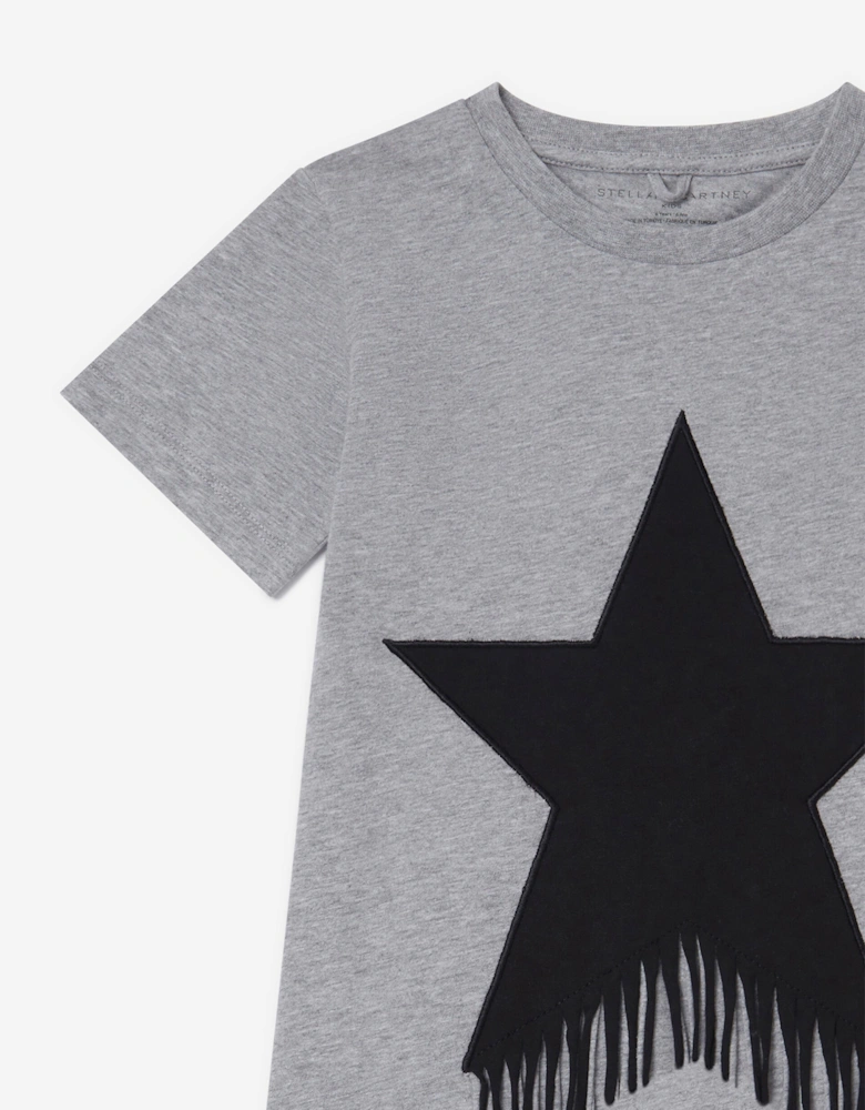 Girls Fringed Star Jersey Dress in Grey