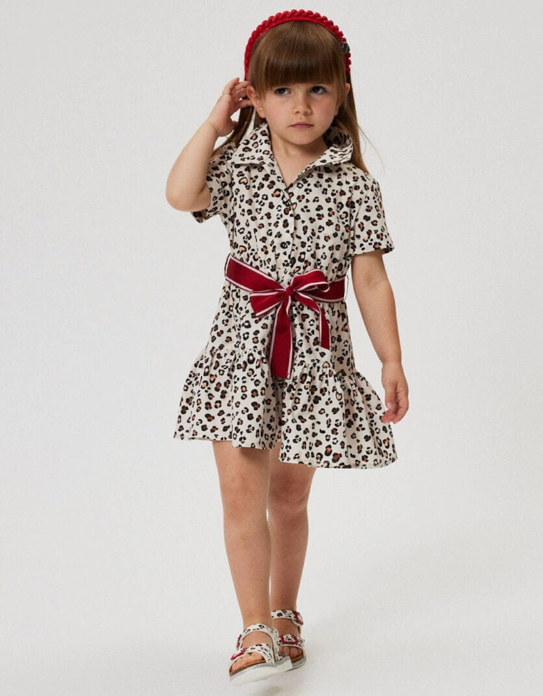 Girls Leopard Shirt Dress in Beige
