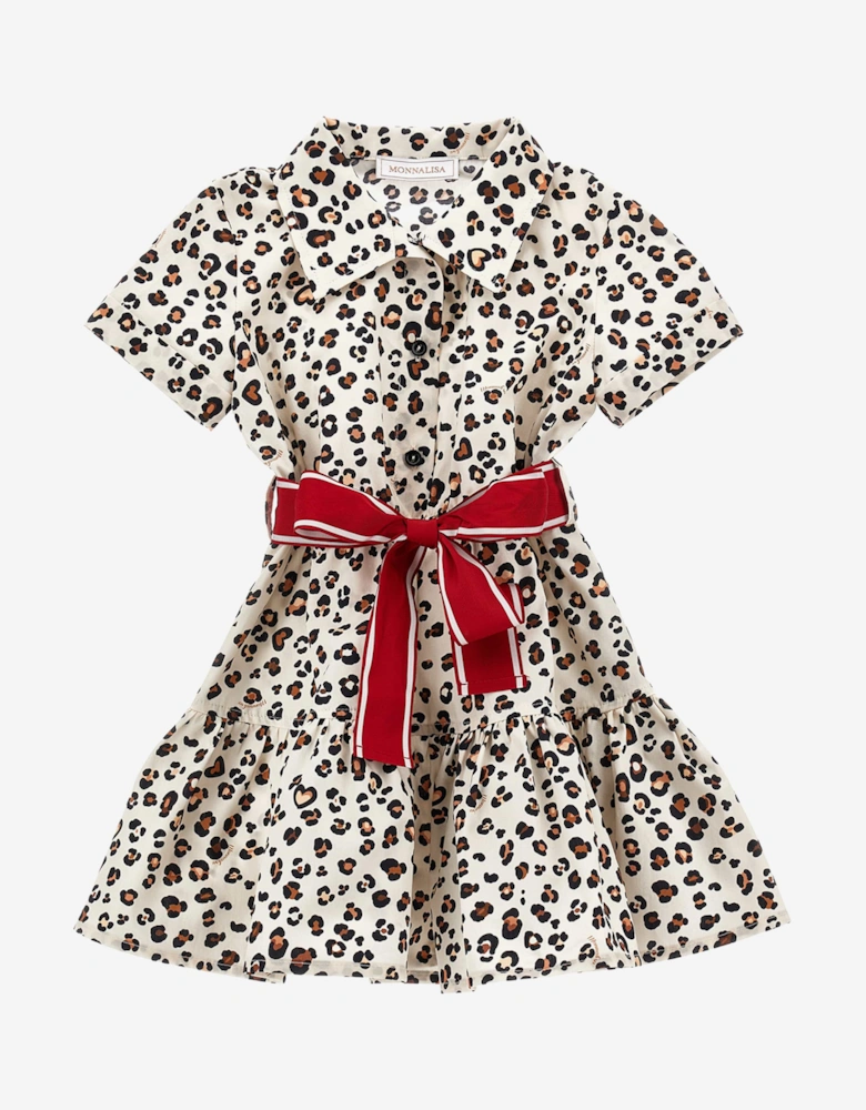 Girls Leopard Shirt Dress in Beige