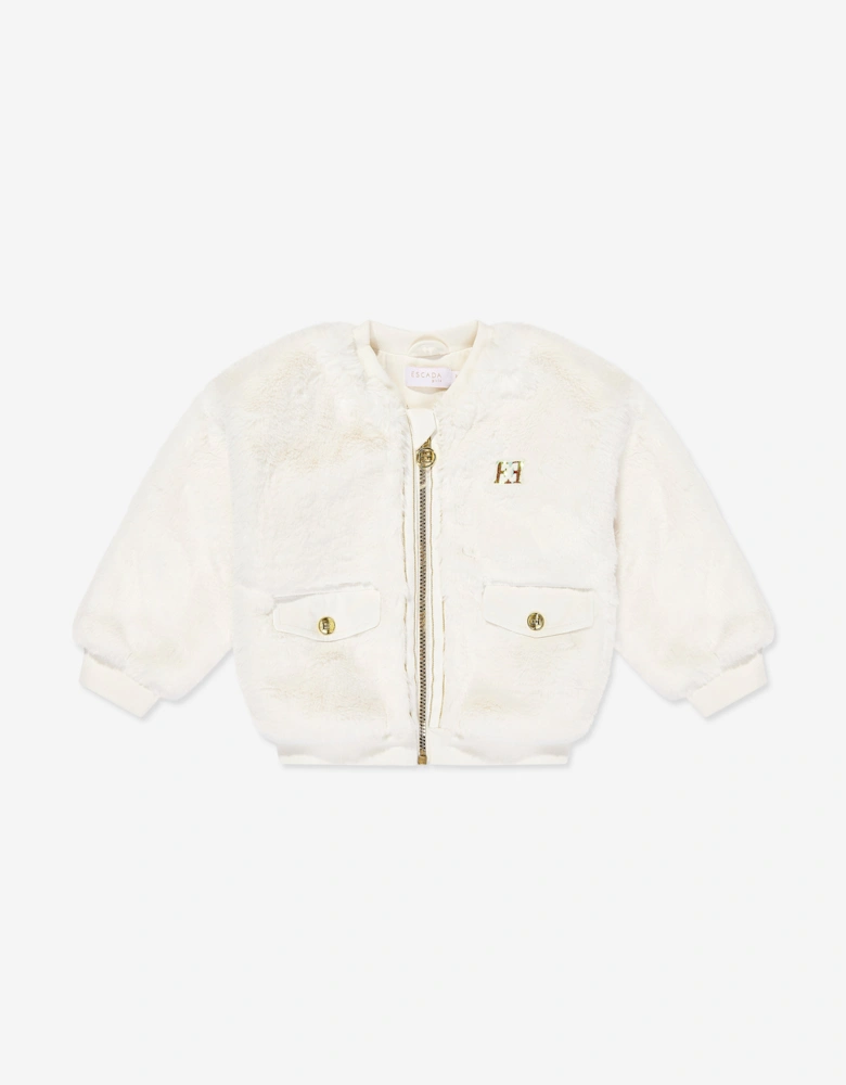 Girls Embroidered Logo Faux Fur Jacket in Ivory