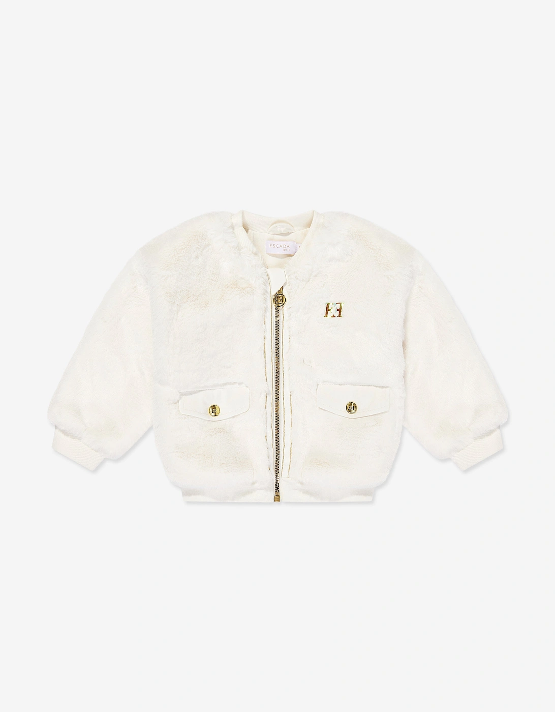 Girls Embroidered Logo Faux Fur Jacket in Ivory, 5 of 4