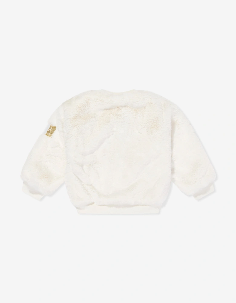 Girls Embroidered Logo Faux Fur Jacket in Ivory