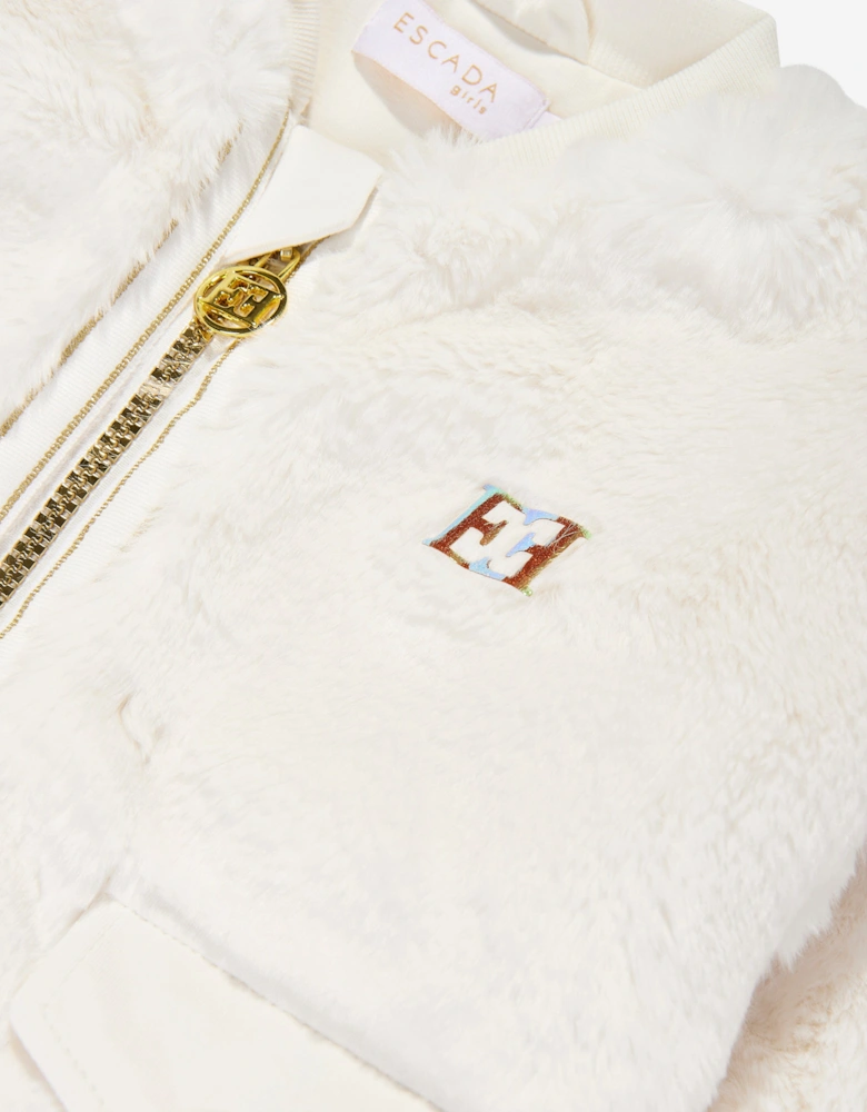 Girls Embroidered Logo Faux Fur Jacket in Ivory