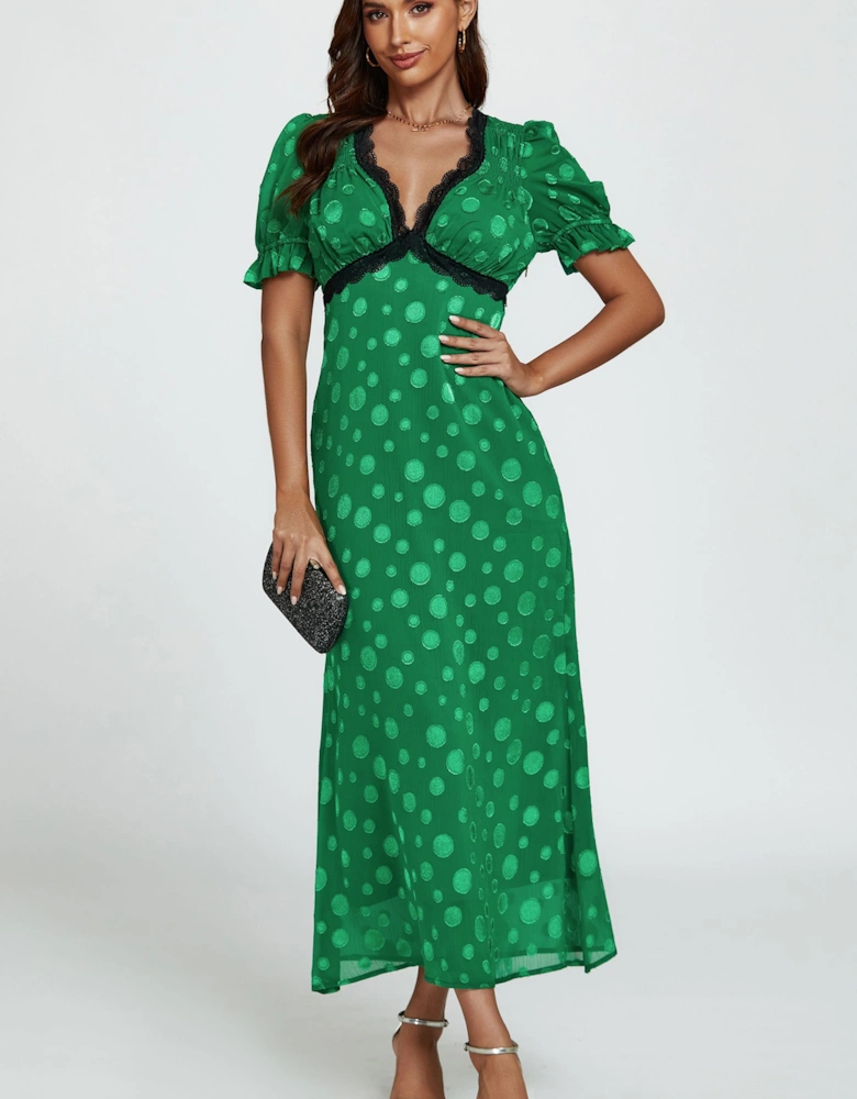 Polka Dot Jacquard Lace Trim Midi Dress In Green