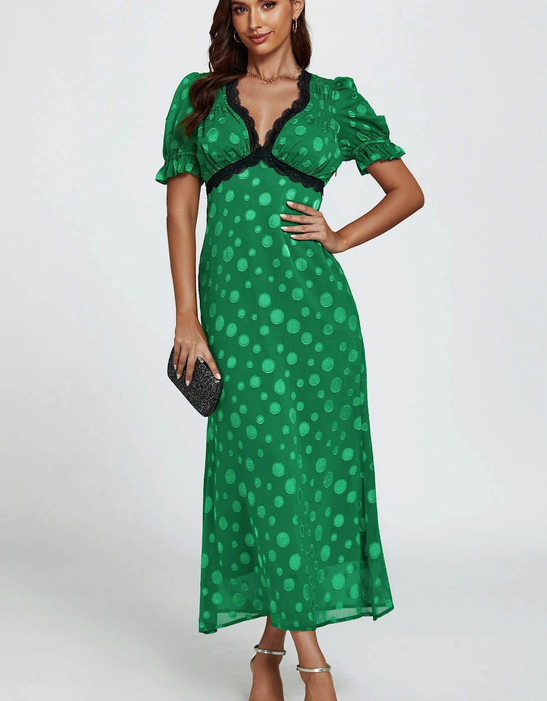 Polka Dot Jacquard Lace Trim Midi Dress In Green, 2 of 1