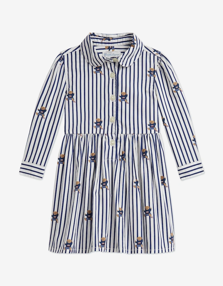 Baby Girls Striped Bear Shirt Dress in Navy