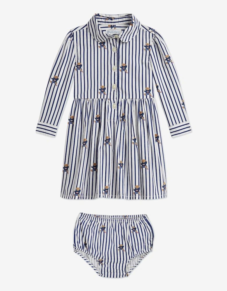Baby Girls Striped Bear Shirt Dress in Navy