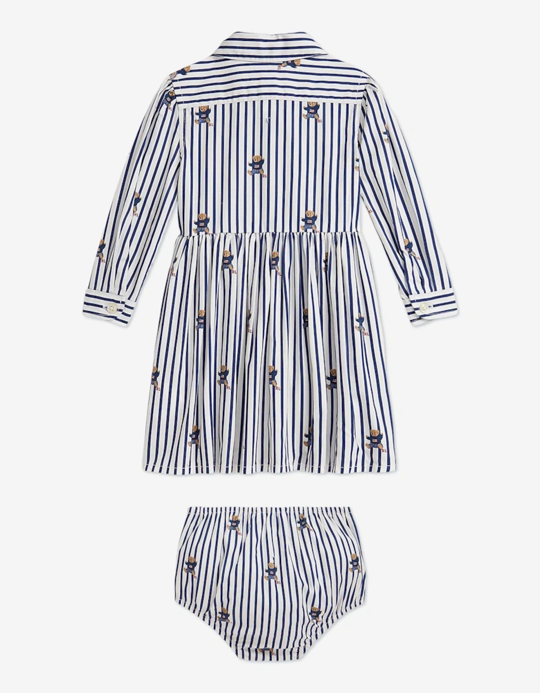 Baby Girls Striped Bear Shirt Dress in Navy