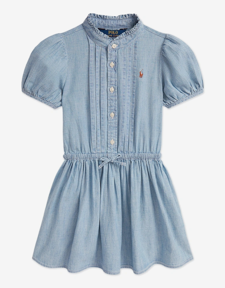 Girls Ruffled Chambray Dress in Blue
