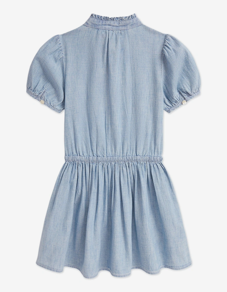 Girls Ruffled Chambray Dress in Blue