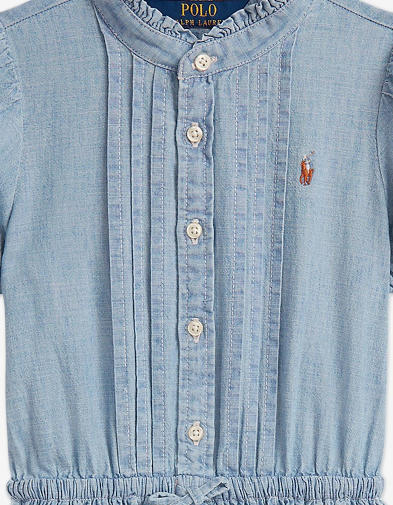 Girls Ruffled Chambray Dress in Blue