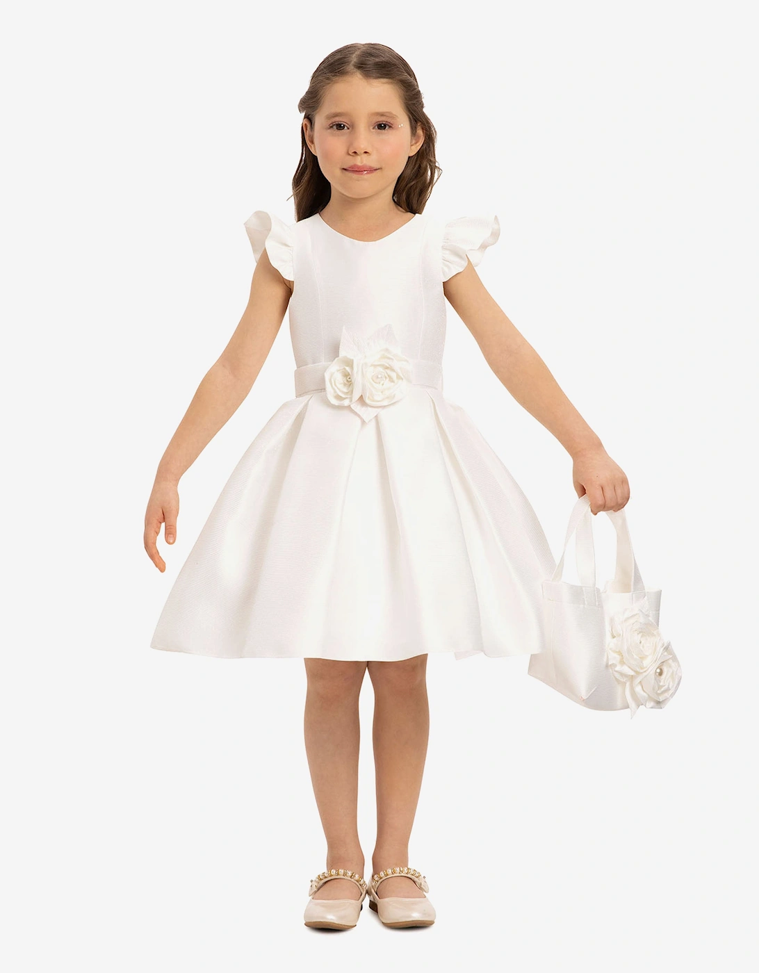 Girls Dress with Matching Floral Bag in White, 7 of 6