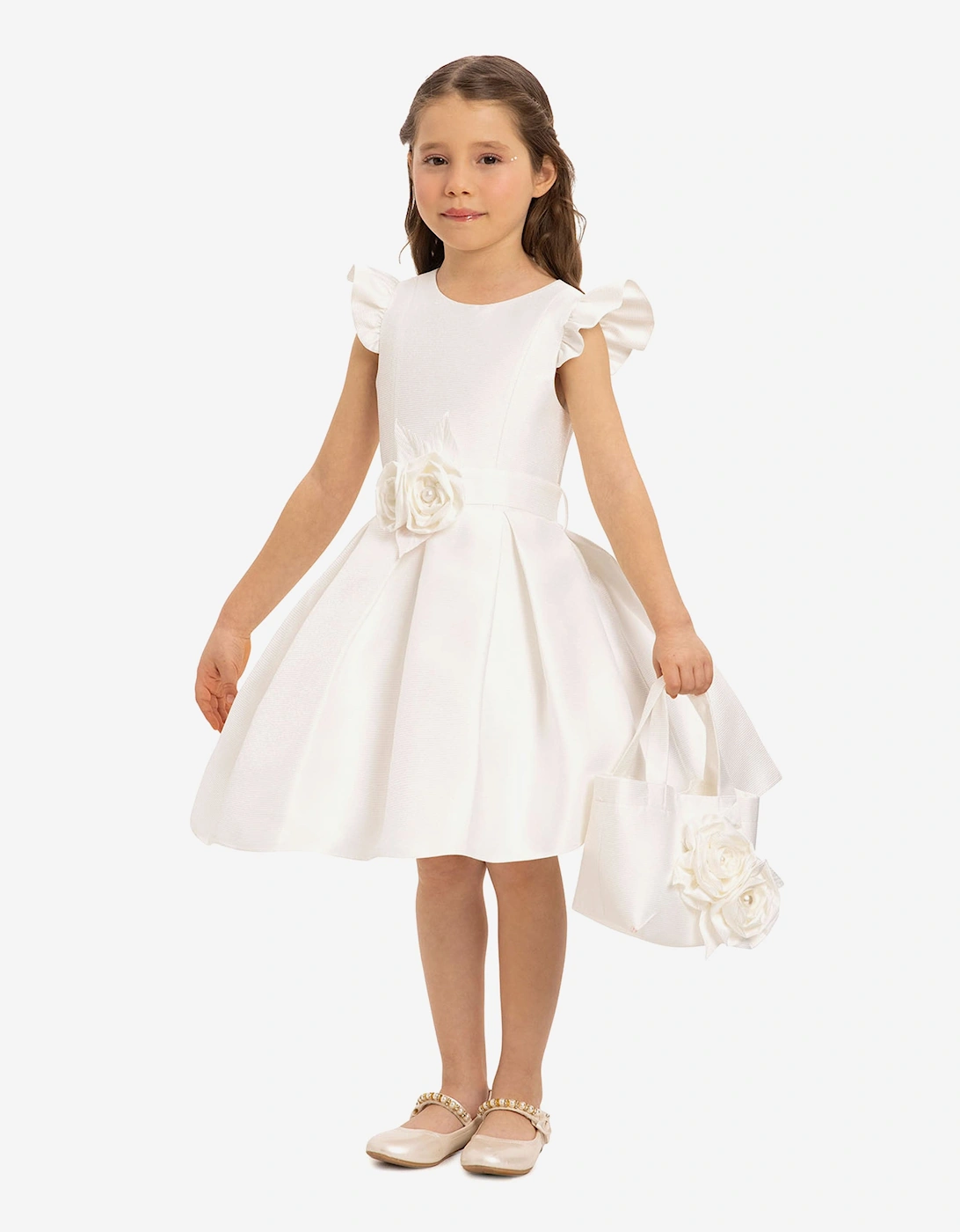 Girls Dress with Matching Floral Bag in White