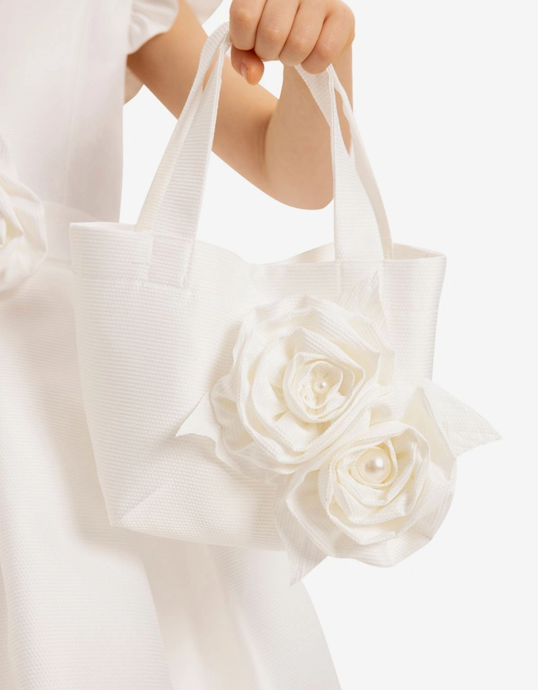 Girls Dress with Matching Floral Bag in White