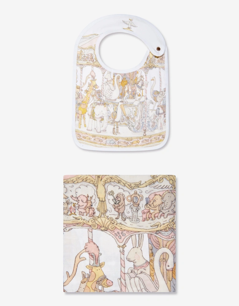 Baby Girls Carousel Swaddle And Satin Bib Gift Set in Pink