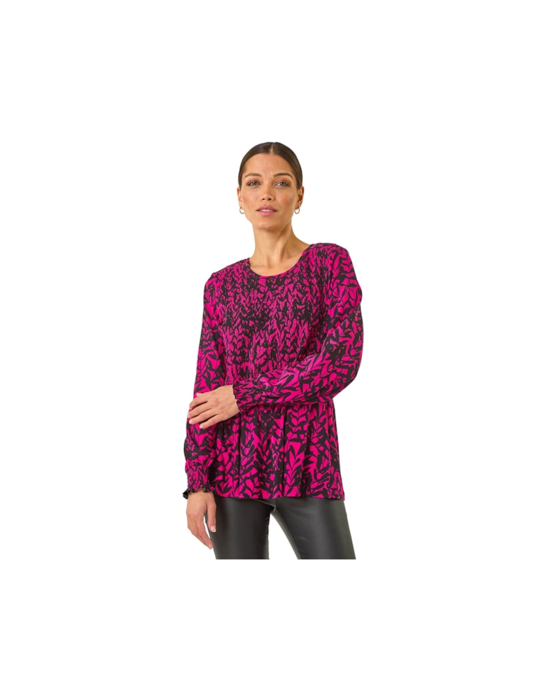 Abstract Printed Shirred Tunic Top