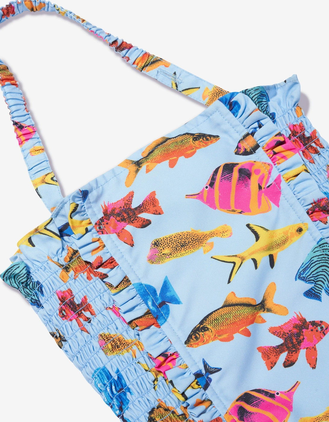 Girls Tropical Fish Ruched Swimsuit in Multicolour