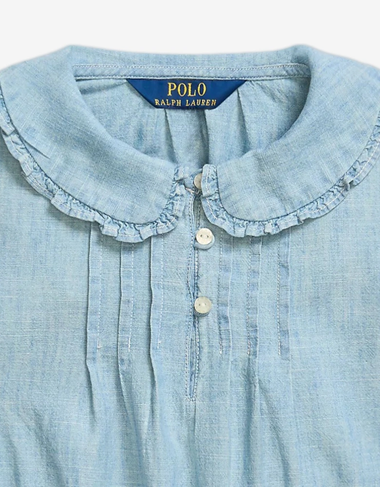 Girls Chambray Ruffle Blouse in Blue