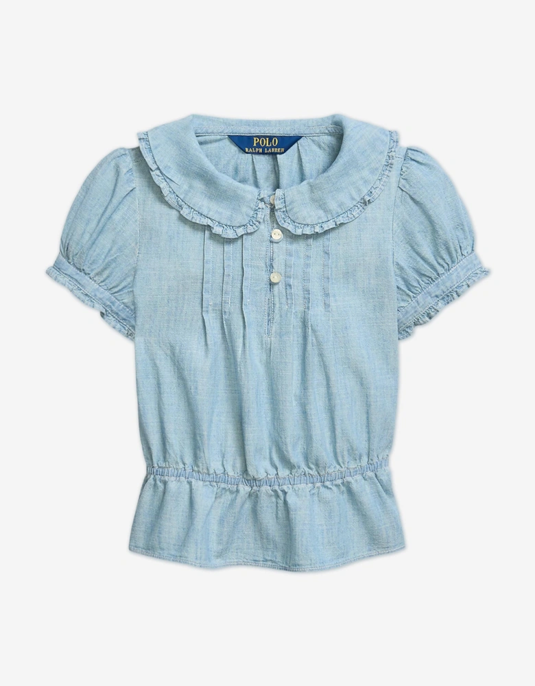 Girls Chambray Ruffle Blouse in Blue