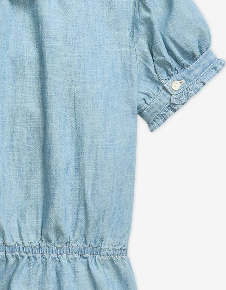 Girls Chambray Ruffle Blouse in Blue