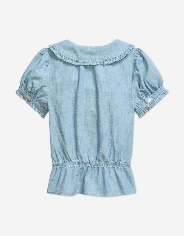 Girls Chambray Ruffle Blouse in Blue