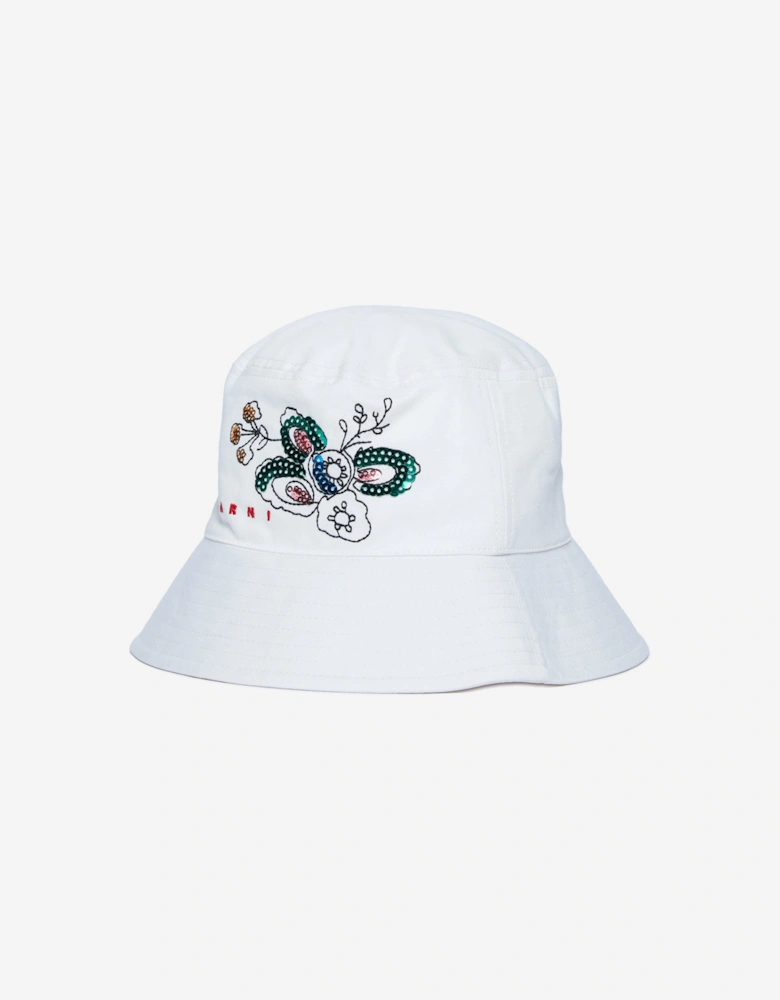 Girls Gabardine Flower Bucket Hat in White
