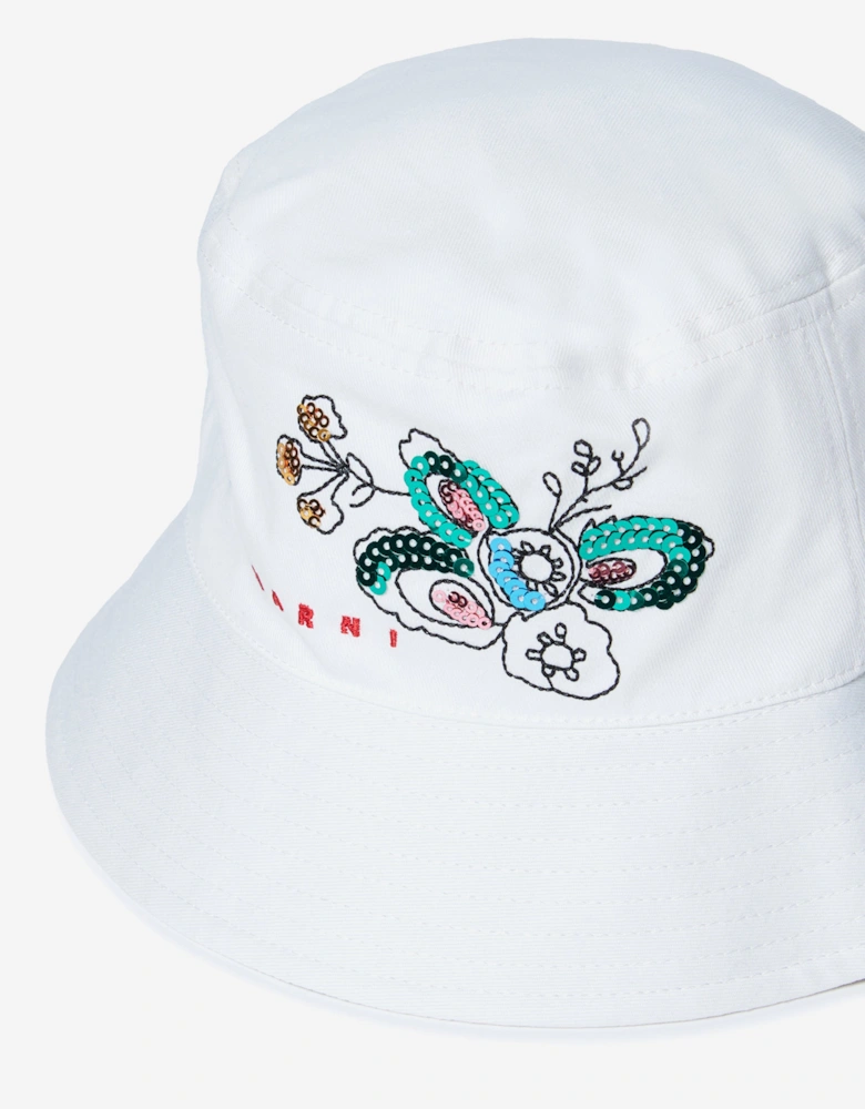 Girls Gabardine Flower Bucket Hat in White