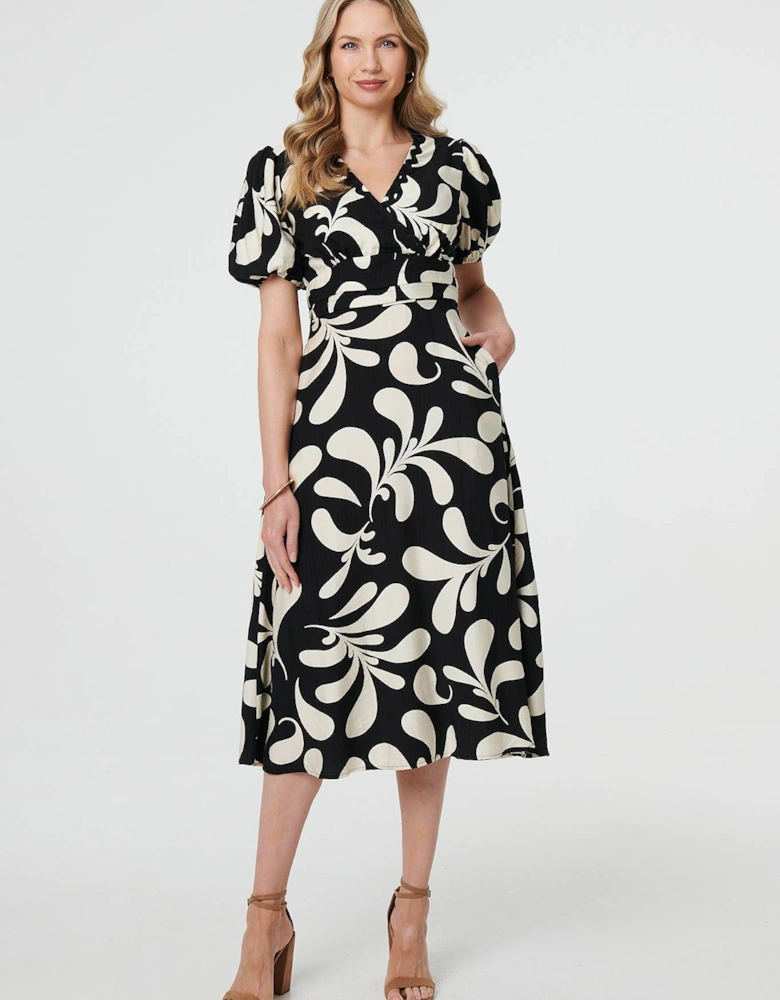 Leaf Print Puff Sleeve Wrap Midi Dress