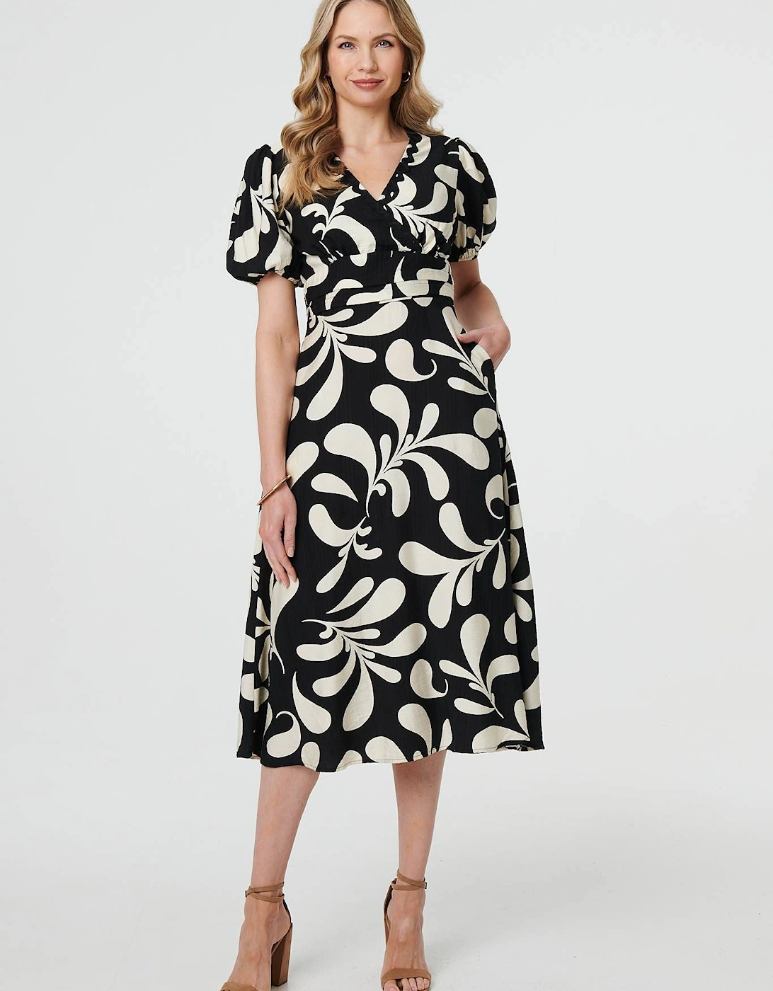 Leaf Print Puff Sleeve Wrap Midi Dress, 2 of 1