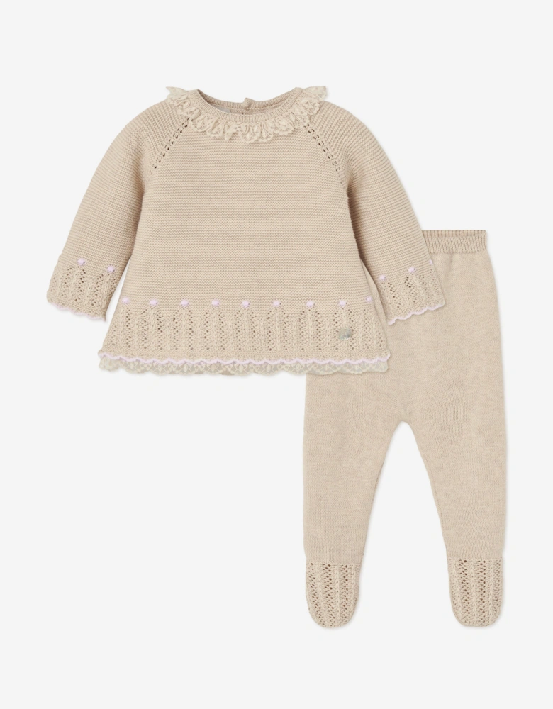 Baby Girls Knitted 2 Piece Babygrow Set in Beige