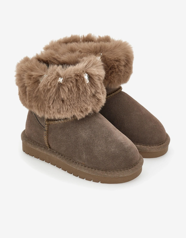 Girls Suede Boots with Gems in Brown