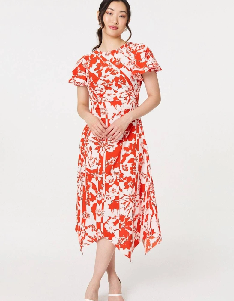 Floral Hanky Hem Short Sleeve Midi Dress