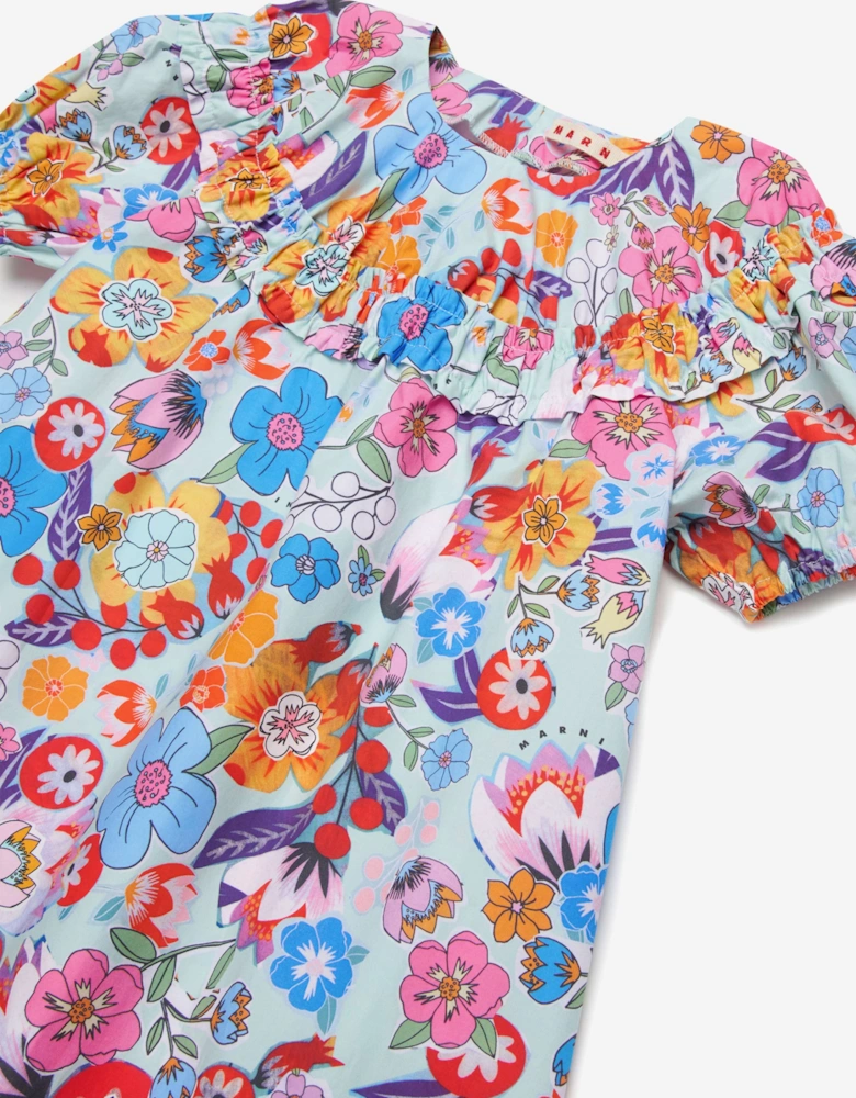Girls Cotton Floral Print Dress in Multicolour