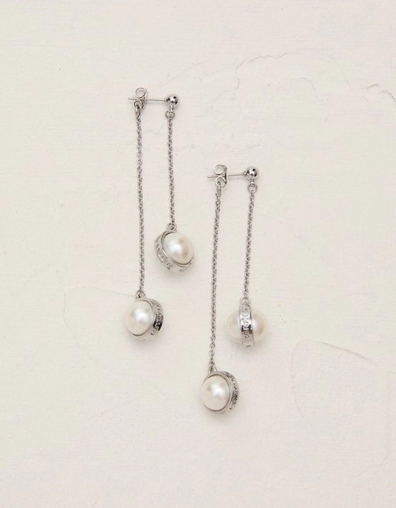 Silver Tone Logo Pearl Double Drop Earrings